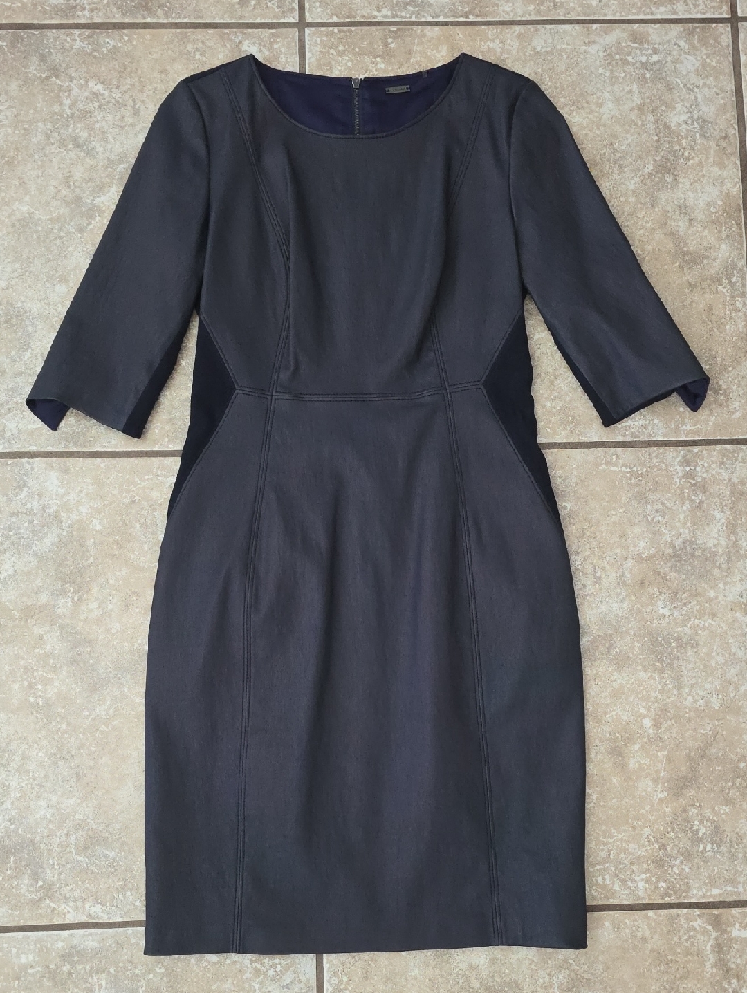 Elie Tahari Black Leather Midi Sheath Dress With Elbow Sleeves